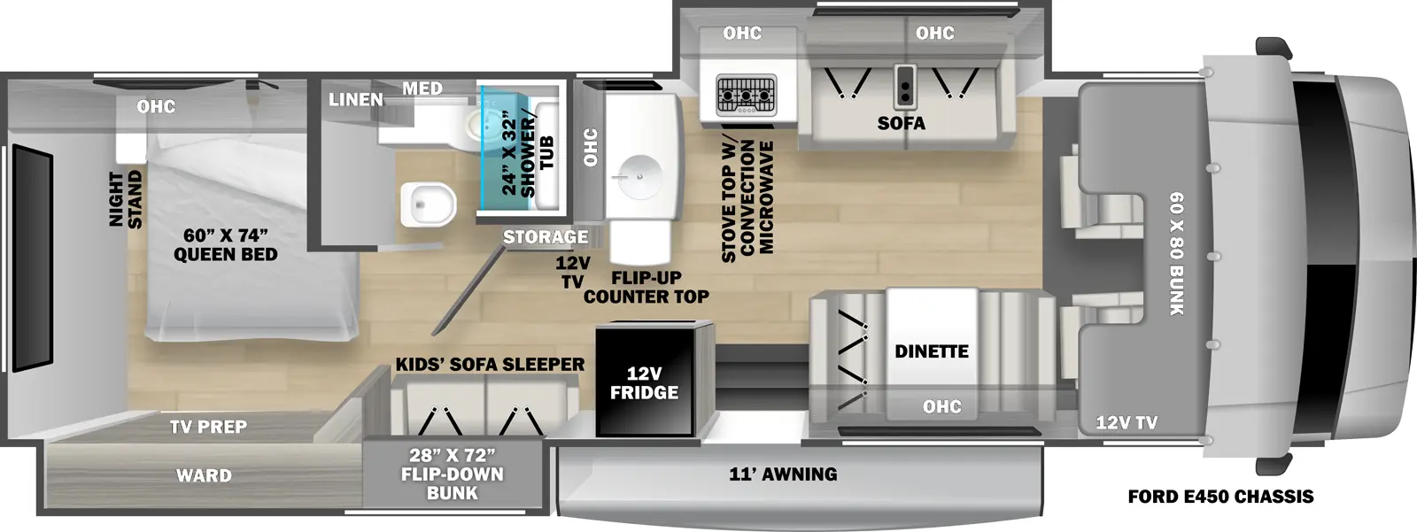 The 3251DSLE has 1 slide out on the off-door side and 1 on the door side. Exterior features include an 11 ft. awning and it is built on the Ford E-450 chassis. Interior layout from front to back includes: a front 60 x 80 cab over bunk; off-door side slide out holding a stovetop with convection microwave, overhead cabinet and sofa; dinette to the right of the entry door; 12V refrigerator to the left of the entry door; front facing countertop with extension, overhead cabinet and sink; off-door side bathroom with 24 x 32 shower/tub, toilet, linen storage, medicine cabinet and sink; kids' sofa sleeper with 28 x 72 flip-down bunk across from bathroom; rear bedroom with 60 x 74 Queen bed, night stand, overhead cabinet, TV prep and wardrobe.